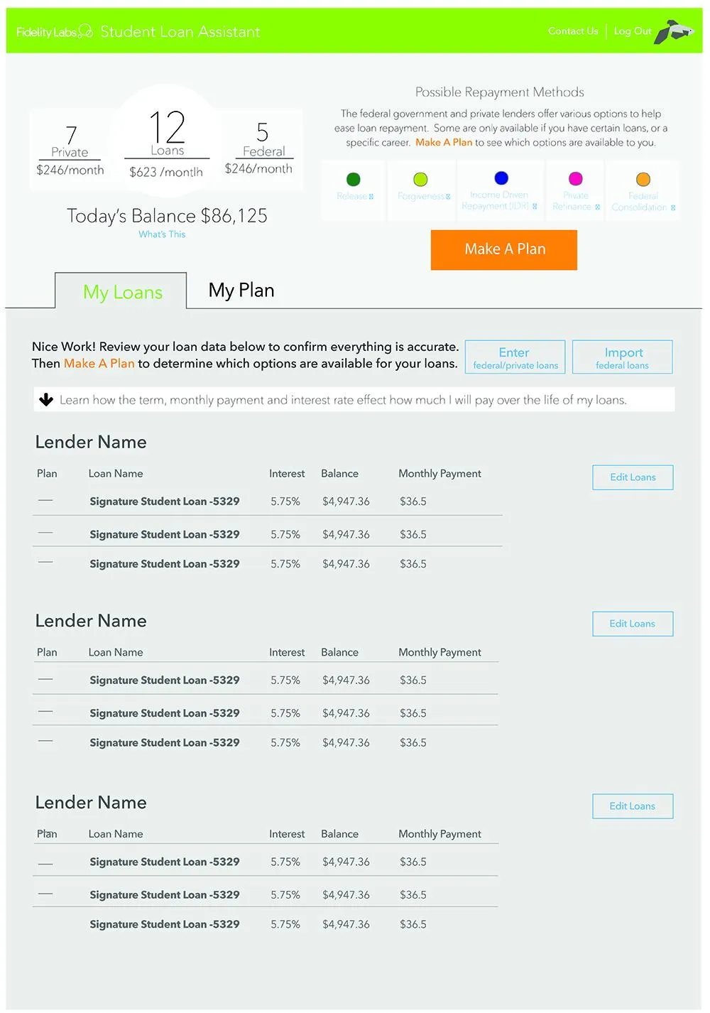 Prototype of student loan tool by Fidelity Labs.