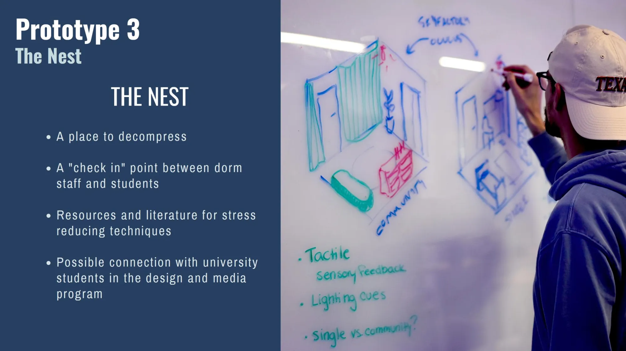 Slide titled “Prototype 3: The Nest.” On the left, white text on a dark blue background outlines The Nest as a decompression space, check-in point between dorm staff and students, a resource hub for stress reduction, and a potential collaboration with university design/media students. On the right, a student in a “Texas” cap sketches room layout concepts with labeled areas and notes like “Tactile sensory feedback” and “Lighting cues” on a whiteboard.
