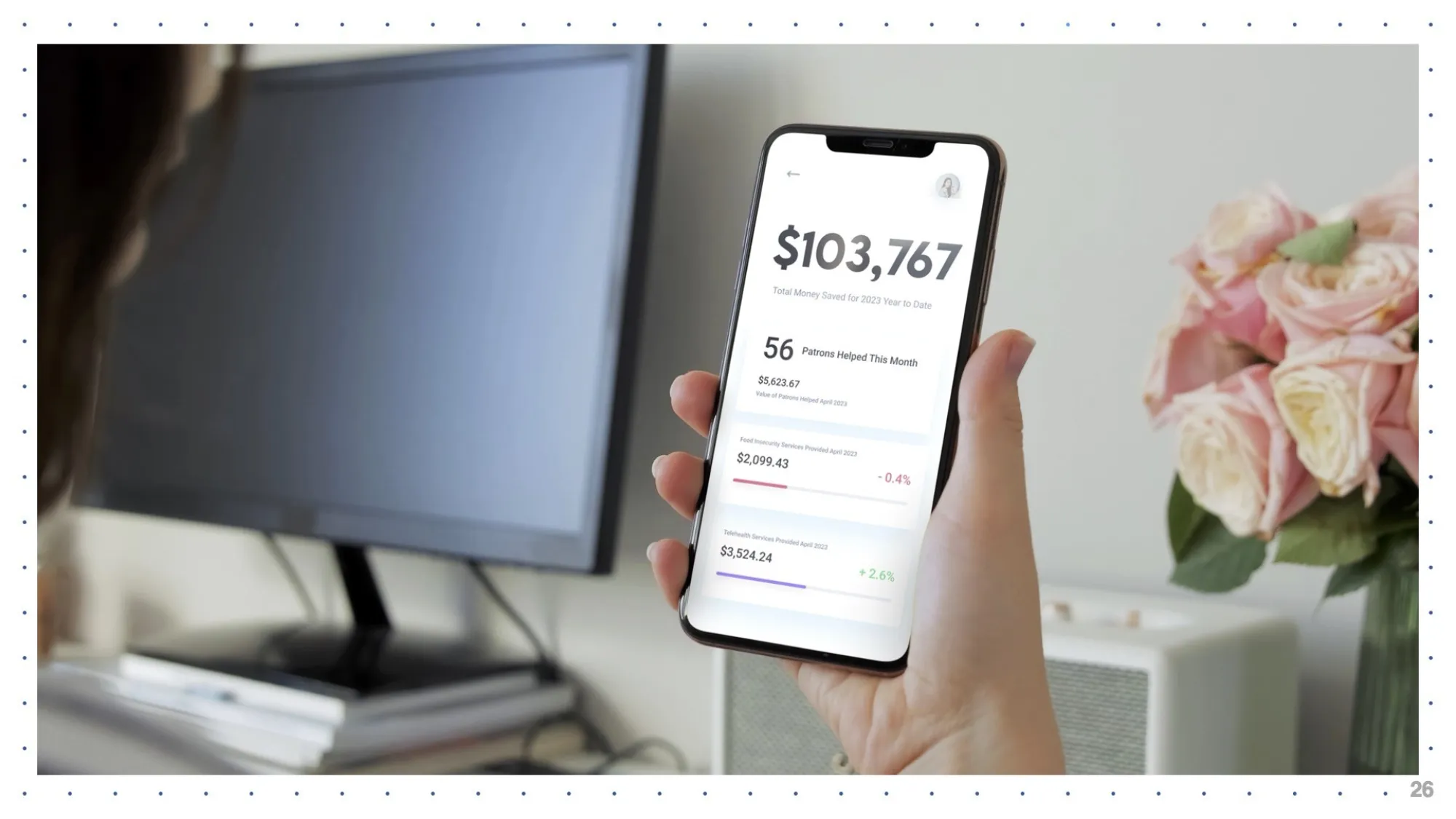 A person holds a smartphone displaying a savings dashboard app. The screen shows a large total—$103,767—labeled “Total Money Saved for 2023 Year to Date.” Below that are statistics including “56 Patrons Helped This Month,” individual service savings for food insecurity and telehealth, and percentage changes. The phone is held in front of a blurred background featuring a computer monitor, stack of papers, and a vase of light pink roses. The interface uses a clean, minimal design with black, blue, and red typ