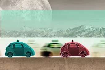 illustration of cars speeding down a highway with mountains in the background