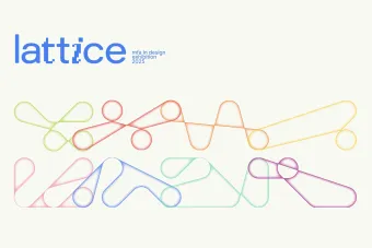 Logo for “lattice: mfa in design exhibition 2025” with abstract gradient shapes forming a flowing grid below the text.