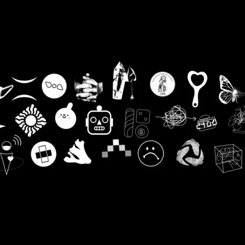 a collection of white symbols, each representing a different graduating B.F.A. Design senior's capstone project, against a black background