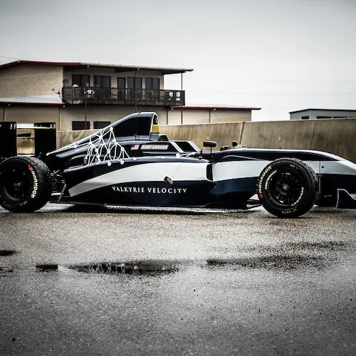 Side view of the Valkyrie Velocity, designed by UT Austin B.F.A. Design senior Hadley Chillura, on display at Circuit of the Americas