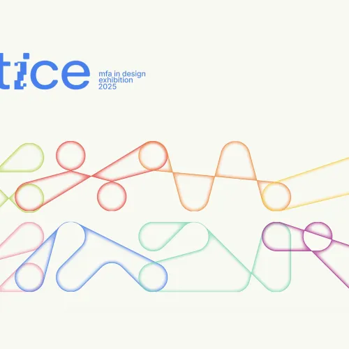 Logo for “lattice: mfa in design exhibition 2025” with abstract gradient shapes forming a flowing grid below the text.