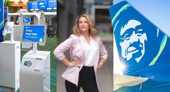 A triptych featuring an Alaska Airlines bag tag kiosk, innovation director Bernadette Berger in a light blazer, and a close-up of the airline’s plane tail logo.