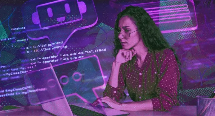 Illustration of a woman working on a laptop with glowing code, chatbot icons, and AI graphics layered in purple and pink hues.